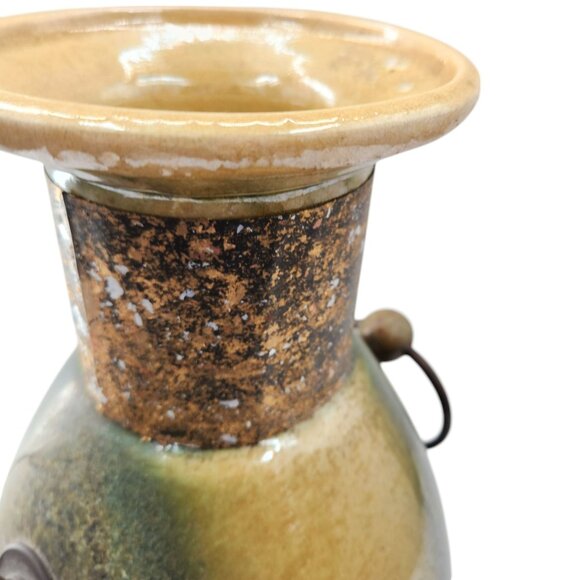 Vtg. Tony Evans Large Raku Vase Brass Handles Signed Spotted Glaze Metal Collar - Picture 7 of 10